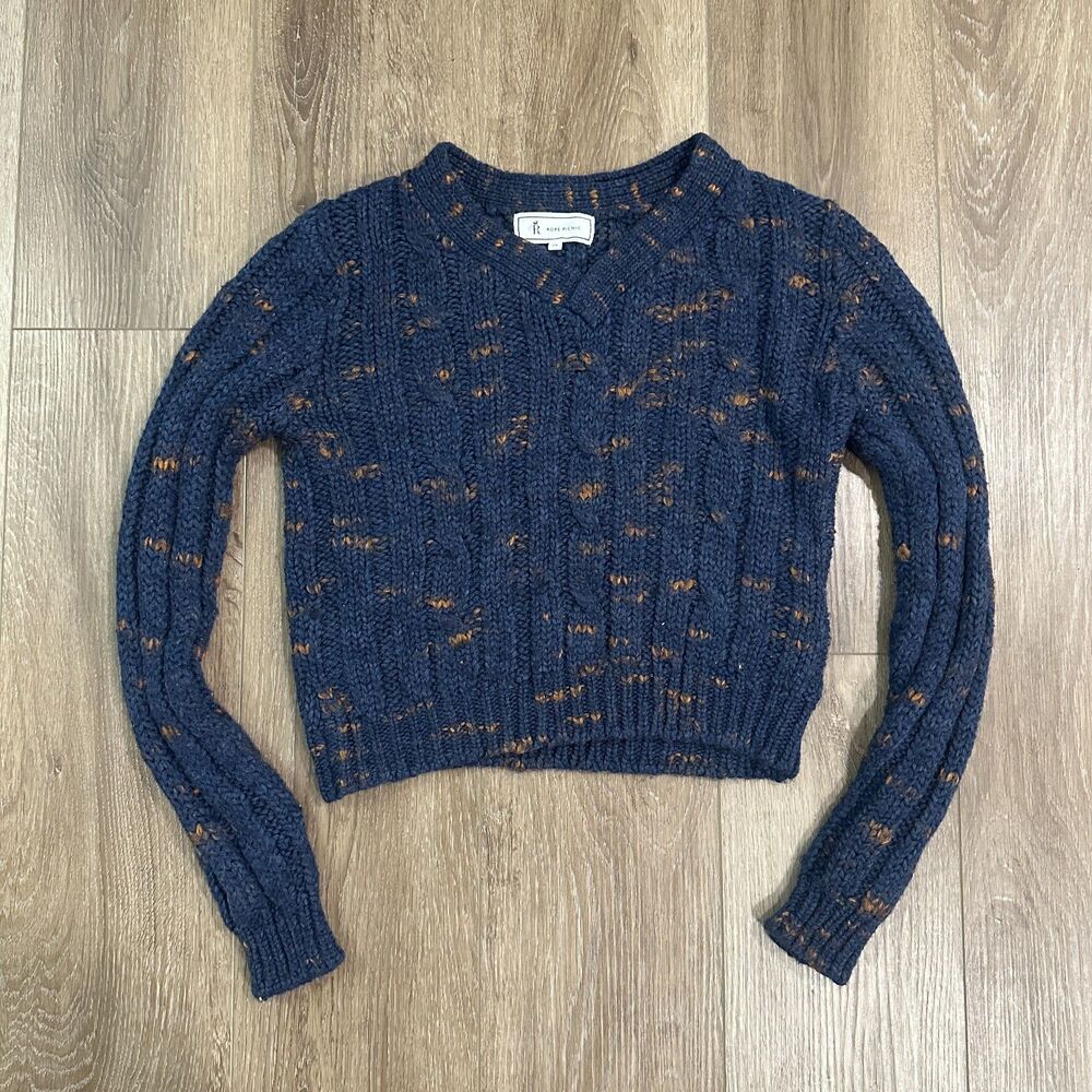 Chunky Cable Knit Cropped V-Neck Sweater Flecked Marled Navy Blue Size Small